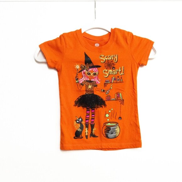 Girls Orange Polycotton T-Shirt Scary Smart Halloween Graphic Crew Neck XS - Picture 1 of 6